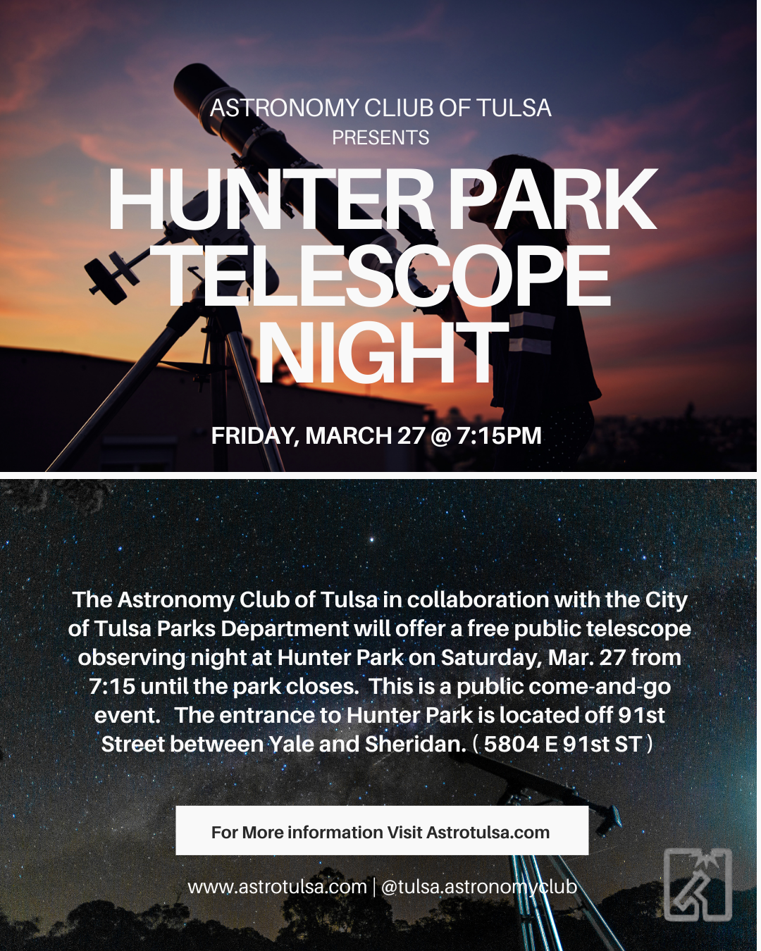 Hunter Park Telescope Night --  Friday March 27th - 7:15pm